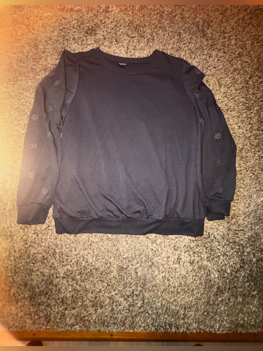 Women’s Dark Purple Casual Elastic-Waist Shirt with Embroidered Design Sleeves.